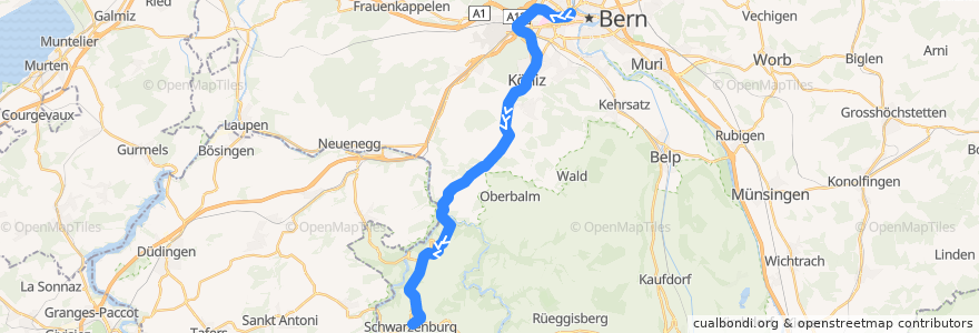 Mapa del recorrido S6: Bern => Schwarzenburg de la línea  en Verwaltungskreis Bern-Mittelland.