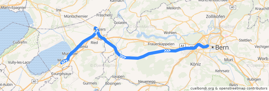 Mapa del recorrido S5: Murten/Morat => Bern de la línea  en Schweiz/Suisse/Svizzera/Svizra.