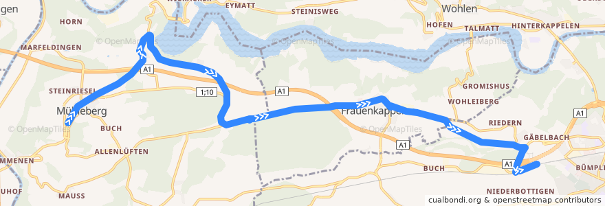 Mapa del recorrido Bus 570: Mühleberg => Brünnen Westside Bahnhof de la línea  en Verwaltungskreis Bern-Mittelland.