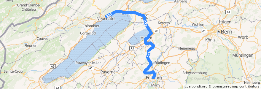 Mapa del recorrido S20: Neuchâtel => Fribourg de la línea  en Schweiz/Suisse/Svizzera/Svizra.