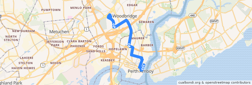 Mapa del recorrido NJTB - 815 - Perth Amboy to Woodbridge Center de la línea  en Middlesex County.