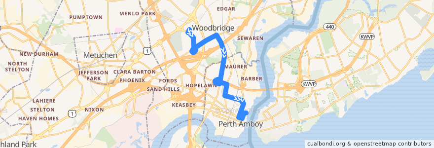 Mapa del recorrido NJTB - 815 - Woodbridge Center to Perth Amboy de la línea  en Middlesex County.