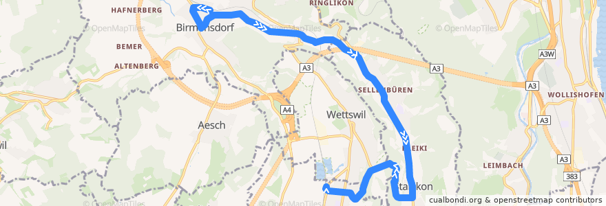 Mapa del recorrido Bus 227: Birmensdorf, Bahnhof => Bonstetten-Wettswil, Bahnhof (NVZ) de la línea  en Zürich.