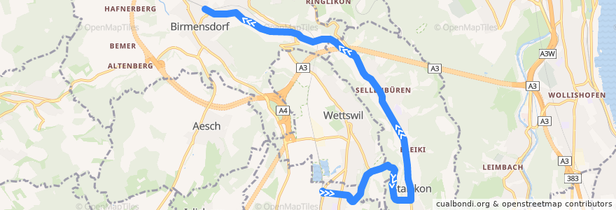 Mapa del recorrido Bus 227: Bonstetten-Wettswil, Bahnhof => Birmensdorf, Bahnhof (NVZ) de la línea  en Zürih.