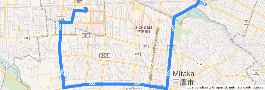 Mapa del recorrido Bus 吉01 吉祥寺駅->武蔵境駅南口 de la línea  en Tóquio.