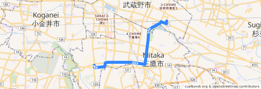 Mapa del recorrido Bus 吉01 大沢->吉祥寺駅中央口 de la línea  en 도쿄도.