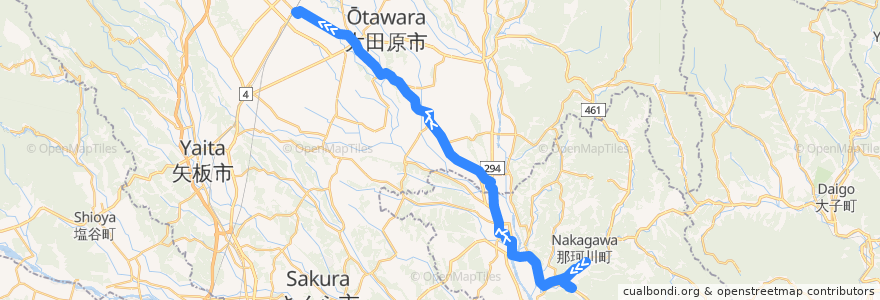 Mapa del recorrido 関東自動車バス 馬頭車庫⇒西那須野駅 de la línea  en Prefectura de Tochigi.