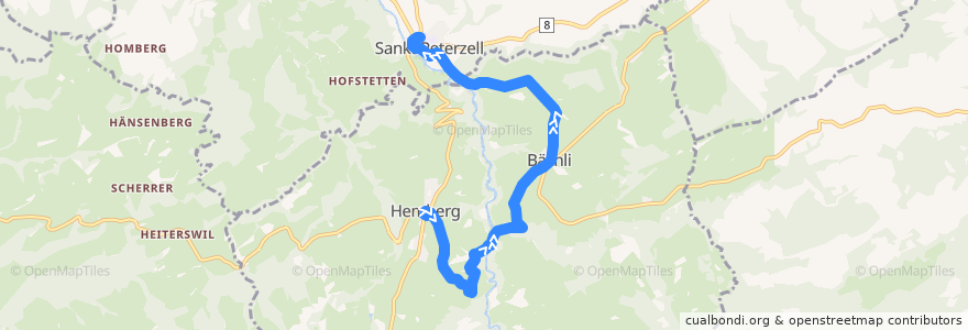 Mapa del recorrido Bus 185: Hemberg, Dorf => St. Peterzell, Dorf de la línea  en Neckertal.