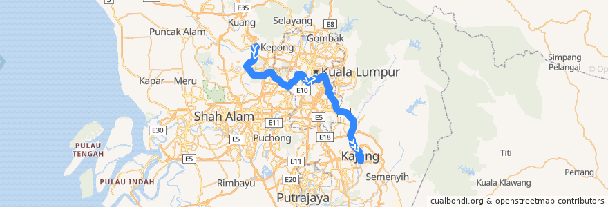 Mapa del recorrido Laluan Kajang (Sungai Buloh --> Kajang) de la línea  en 雪兰莪州.