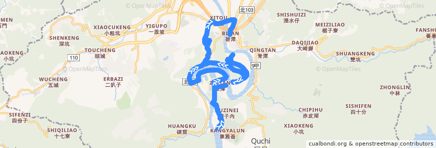 Mapa del recorrido 水源區新巴士 直潭線 (往捷運新店站) de la línea  en 新店區.