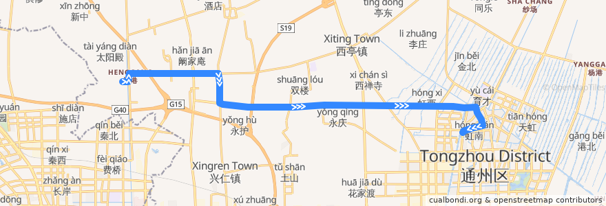 Mapa del recorrido 203路: 丁涧店村 => 通州客运站 de la línea  en Тунчжоу.