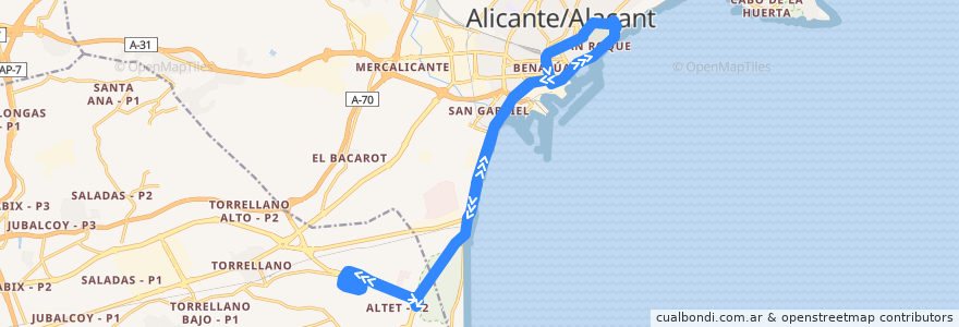 Mapa del recorrido C-6 Aeropuerto ⇒ Alicante ⇒ Aeropuerto de la línea  en أليكانتي.