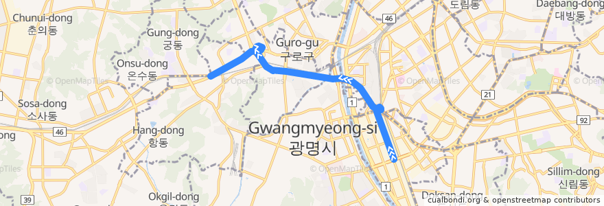 Mapa del recorrido 일반-75: 고속철도광명역->고강공영차고지 de la línea  en 서울특별시.