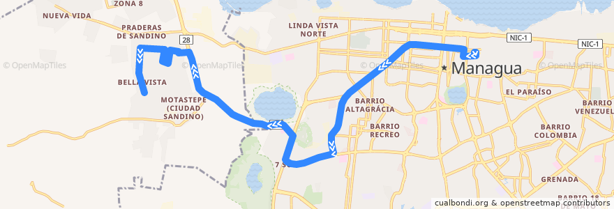 Mapa del recorrido Ruta 125: Mercado Oriental -> Ciudad Sandino (Bello Amanecer) de la línea  en Managua.