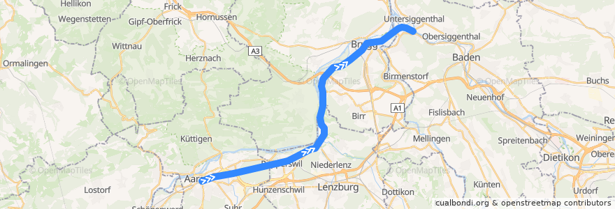 Mapa del recorrido S29: Aarau => Turgi de la línea  en Schweiz/Suisse/Svizzera/Svizra.