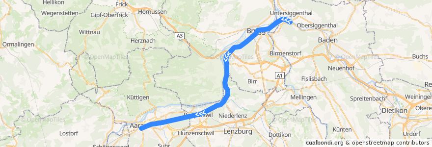 Mapa del recorrido S29: Turgi => Aarau de la línea  en Schweiz/Suisse/Svizzera/Svizra.