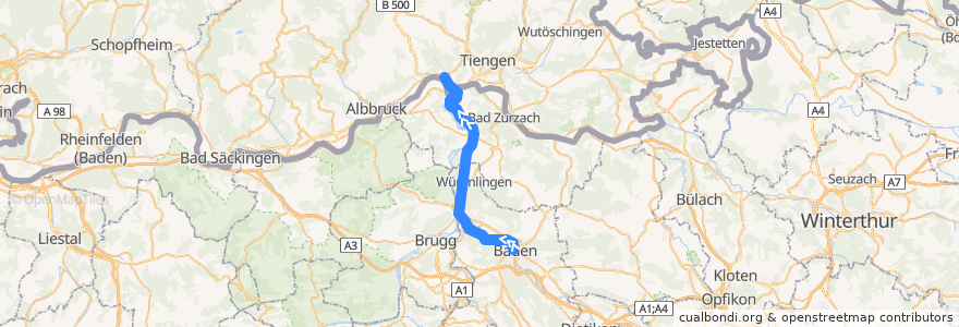 Mapa del recorrido S27: Baden –> Waldshut de la línea  en Aargau.