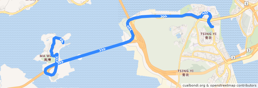 Mapa del recorrido Bus NR330 (Park Island → MTR Tsing Yi Station) de la línea  en Гонконг.