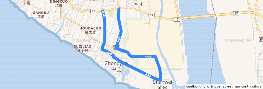 Mapa del recorrido 紅3(繞駛中芸汕尾) de la línea  en 中華民國12浬領海外界線.