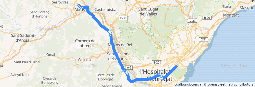 Mapa del recorrido S8 Martorell Enllaç => Barcelona - Pl. Espanya de la línea  en Barcelona.