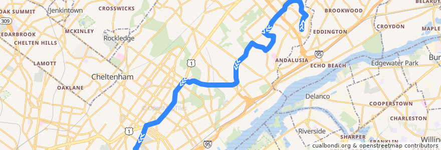 Mapa del recorrido SEPTA 20 Express (Philadelphia Mills to Frankford Transportation Center) de la línea  en Philadelphia County.