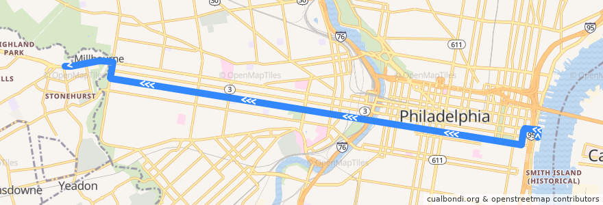 Mapa del recorrido SEPTA 21 (Penn's Landing to 69th Street Transportation Center de la línea  en 費城.