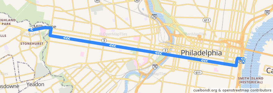 Mapa del recorrido SEPTA 21 (Penn's Landing to 69th Street Transportation Center de la línea  en فيلادلفيا.