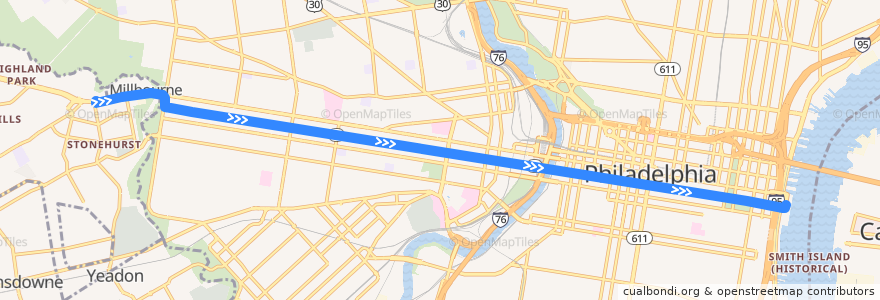 Mapa del recorrido SEPTA 21 (69th Street Transportation Center to Penn's Landing) de la línea  en Philadelphia.