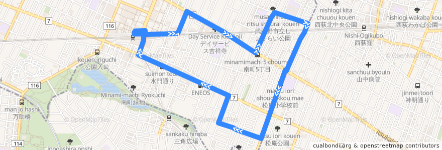 Mapa del recorrido 吉祥寺東循環 de la línea  en 武藏野市.