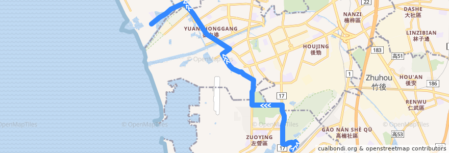 Mapa del recorrido 紅53(蚵仔寮快線_往程) de la línea  en Kaohsiung.