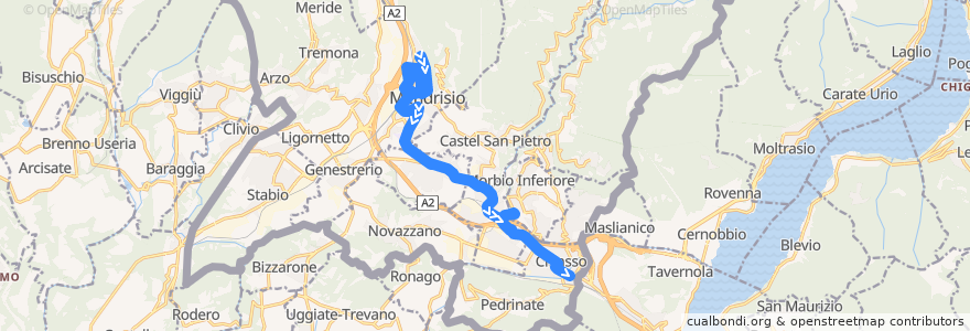 Mapa del recorrido Linea 2: Mendrisio – Chiasso (Centri Commerciali) de la línea  en Distretto di Mendrisio.