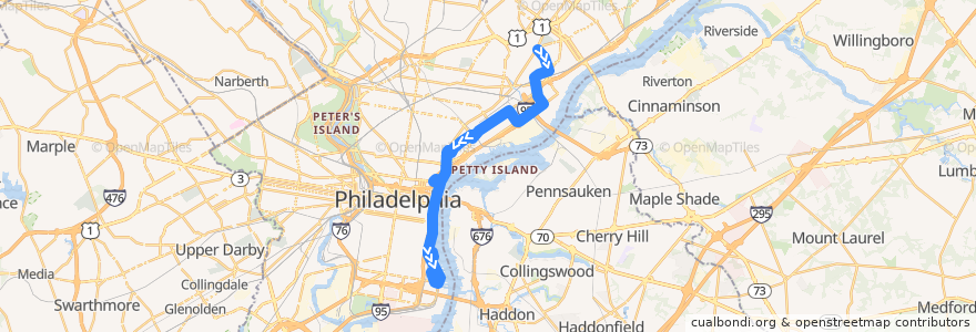 Mapa del recorrido SEPTA 25 (Frankford Transportation Center to Columbus Commons) de la línea  en Philadelphia County.