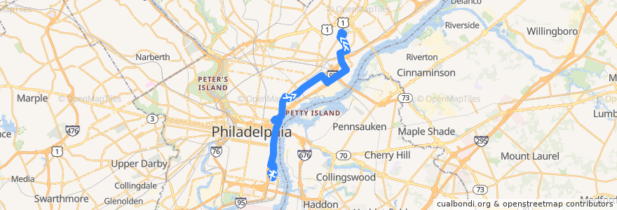 Mapa del recorrido SEPTA 25 (Columbus Commons to Frankford Transportation Center) de la línea  en Philadelphia County.