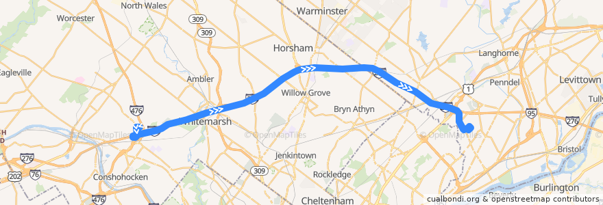 Mapa del recorrido SEPTA 150 (Plymouth Meetiing Mall to Parx Casino) de la línea  en Pennsylvania.