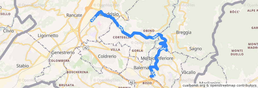 Mapa del recorrido Linea 513: Mendrisio - Castel S. Pietro - Morbio Inferiore Serfontana de la línea  en Distretto di Mendrisio.