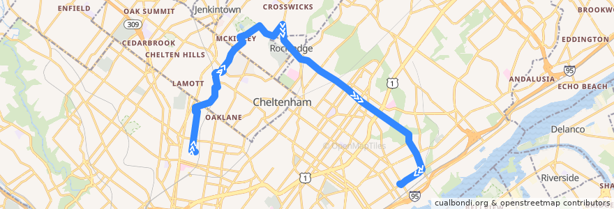 Mapa del recorrido SEPTA 28 (Torresdale-Cottman to Fern Rock Transportation Center) de la línea  en Pennsylvanie.