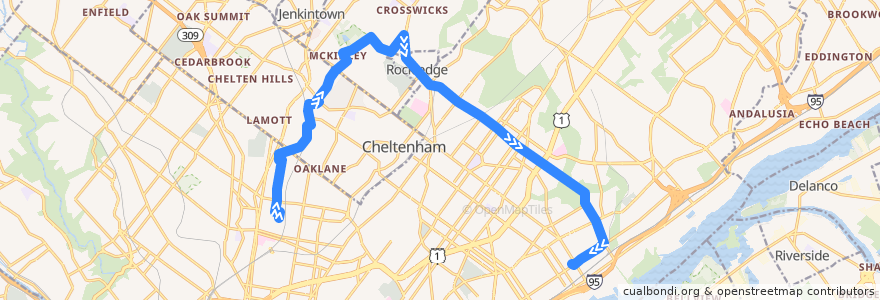 Mapa del recorrido SEPTA 28 (Fern Rock Transportation Center to Torresdale-Cottman) de la línea  en Pennsylvania.