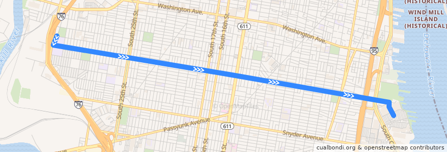 Mapa del recorrido SEPTA 29 (Pier 70 to 33rd-Dickinson) de la línea  en Philadelphia County.