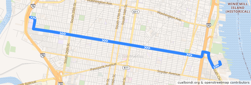 Mapa del recorrido SEPTA 29 (33rd-Dickinson to Pier 70) de la línea  en Philadelphia County.