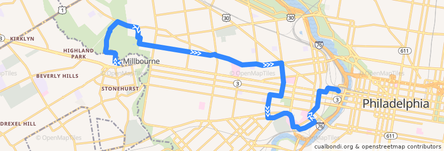 Mapa del recorrido SEPTA 30 (69th Street Transportation Center to Amtrak 30th Street Station) de la línea  en Philadelphia.