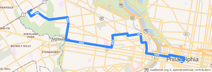 Mapa del recorrido SEPTA 31 (City Hall to 76th-City) de la línea  en Philadelphia County.