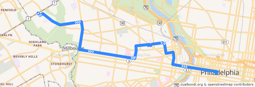 Mapa del recorrido SEPTA 31 (76th-City to City Hall) de la línea  en Philadelphia County.
