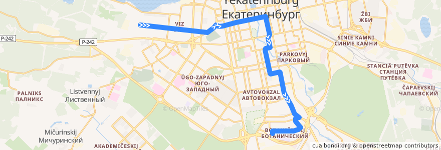 Mapa del recorrido Автобус 2. Радиотехникум – Ботаническая de la línea  en Yekaterinburg Municipality.