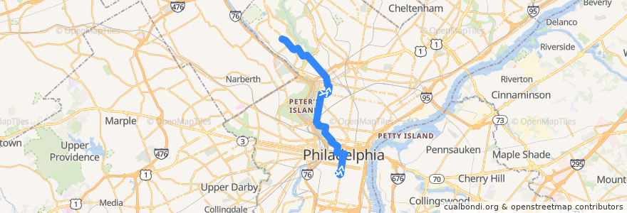 Mapa del recorrido SEPTA 32 (Broad-Carpenter to Ridge-Lyceum) de la línea  en Philadelphia County.