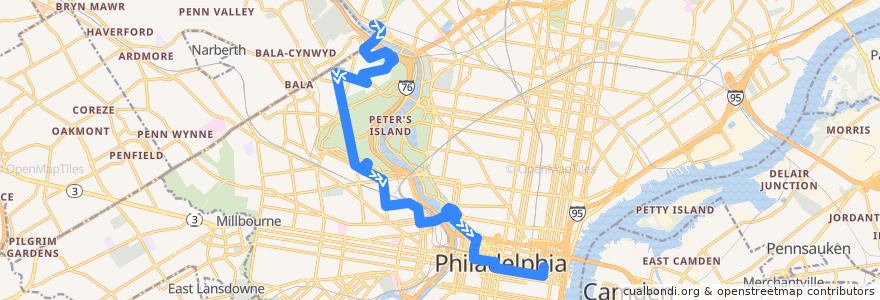 Mapa del recorrido SEPTA 38 (Wissahickon Transportation Center to 5th-Market) de la línea  en Philadelphia County.