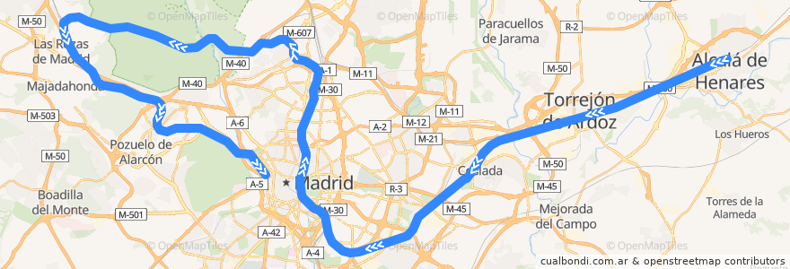 Mapa del recorrido C-7. Alcalá de Henares → Atocha → Chamartín → Príncipe Pío de la línea  en Comunidad de Madrid.