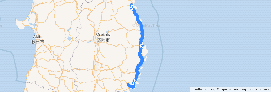 Mapa del recorrido 三陸鉄道リアス線 久慈 => 盛 de la línea  en 岩手县.