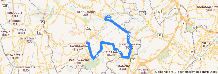 Mapa del recorrido 旭1 鶴ヶ峰駅→二俣川駅南口 de la línea  en 旭区.