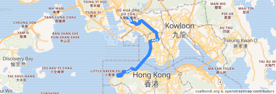 Mapa del recorrido 過海隧巴904線 Cross-harbour Bus 904 (荔枝角 Lai Chi Kok → 堅尼地城 Kennedy Town) de la línea  en 香港 Hong Kong.