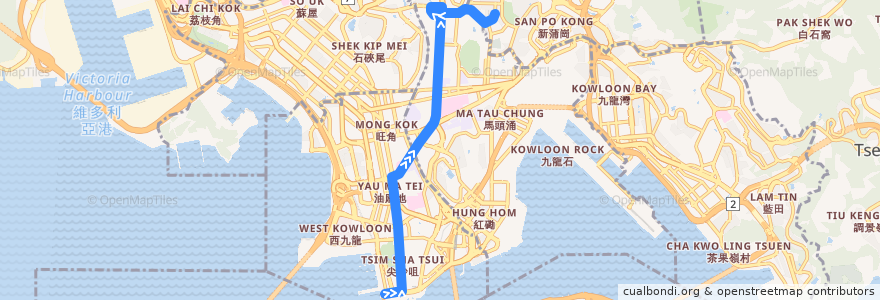 Mapa del recorrido Bus 7 (Star Ferry - Lok Fu B/T) de la línea  en Kowloon.